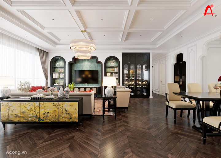 Thiết kế nội thất căn hộ penthouse chung cư Park Kiara, Park City, phong cách Indochine: phòng khách
