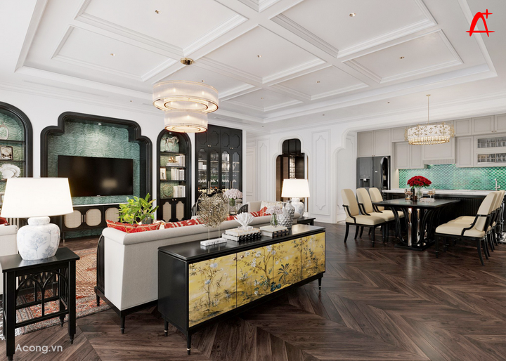 Thiết kế nội thất căn hộ penthouse chung cư Park Kiara, Park City, phong cách Indochine: phòng khách
