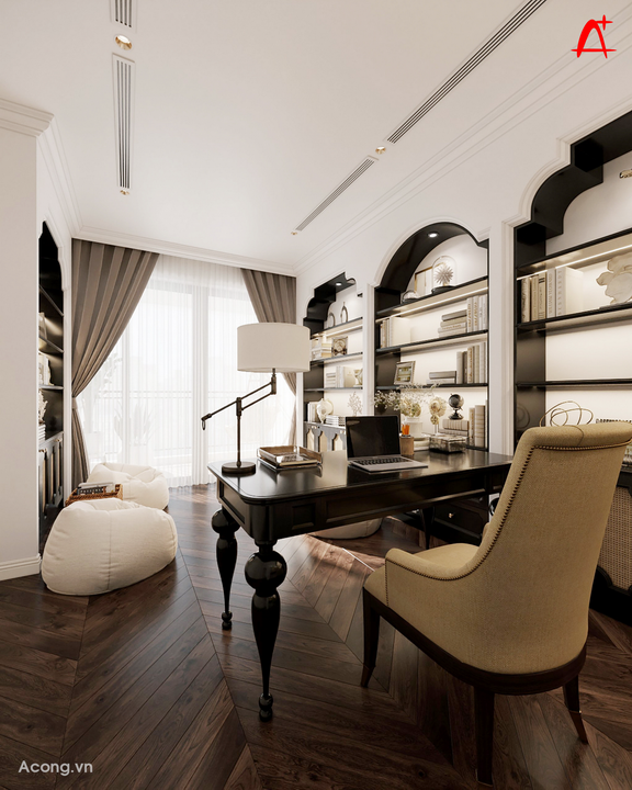 Thiết kế nội thất căn hộ penthouse chung cư Park Kiara, Park City, phong cách Indochine: phòng làm việc