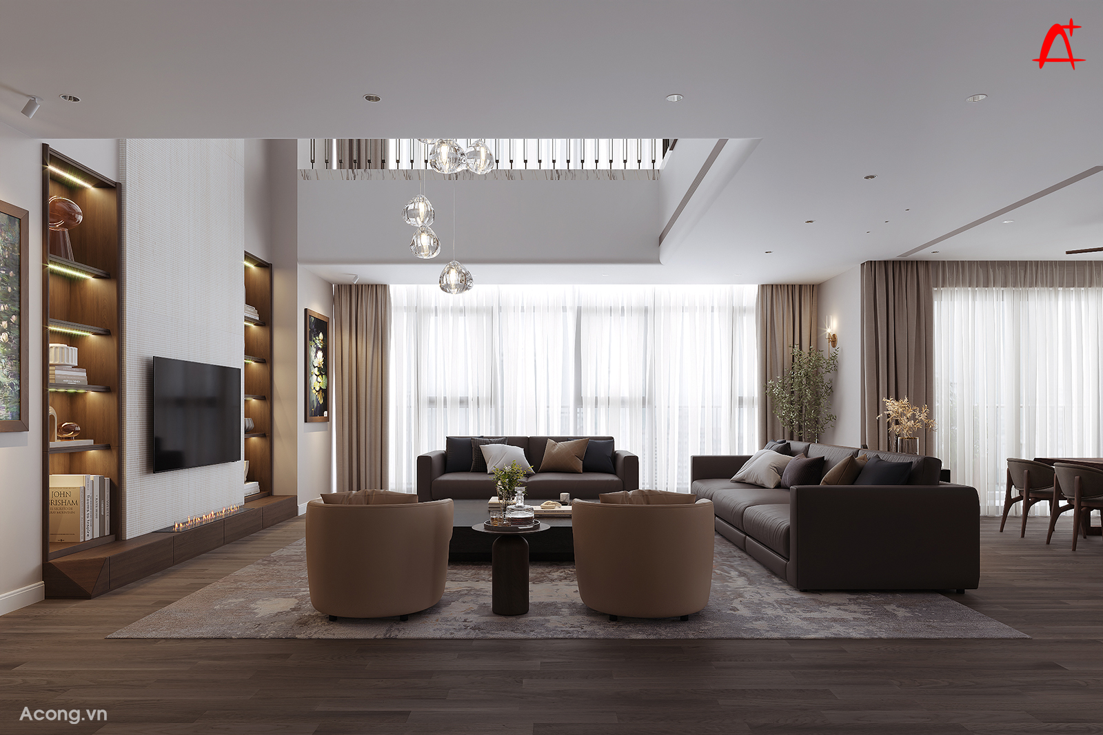 Ph&ograve;ng kh&aacute;ch penthouse th&ocirc;ng tầng, trần cao 2 tầng, thiết kế hiện đại A Cộng