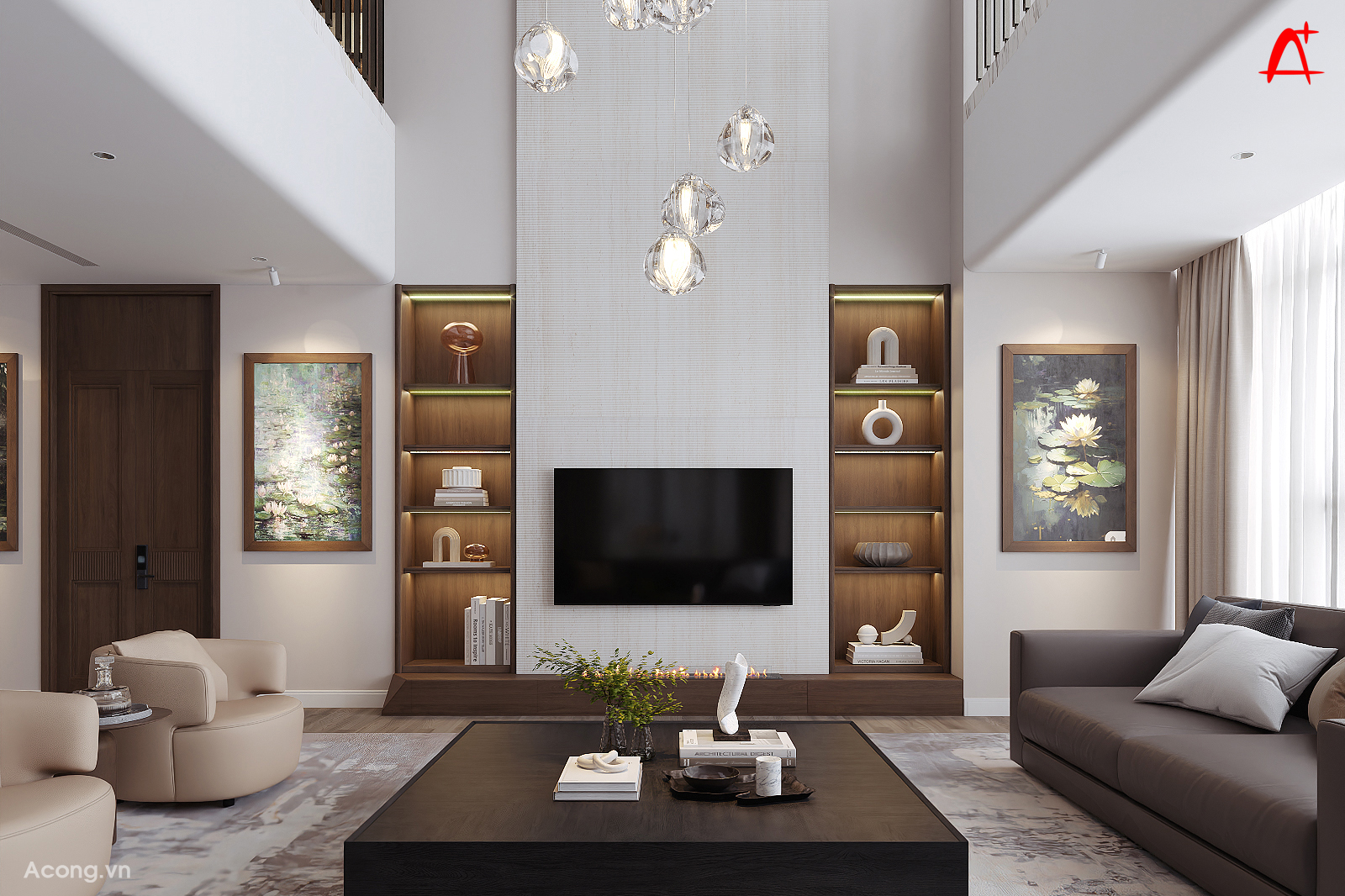 Kh&ocirc;ng gian ph&ograve;ng kh&aacute;ch penthouse với v&aacute;ch TV trung t&acirc;m v&agrave; sofa thấp