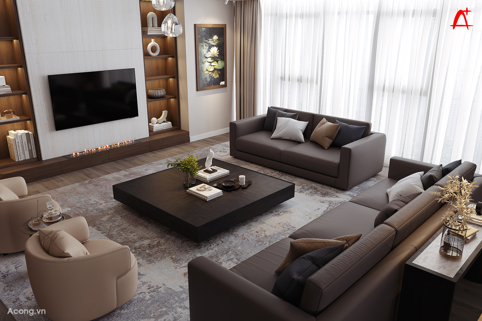 Kh&ocirc;ng gian ph&ograve;ng kh&aacute;ch penthouse hiện đại