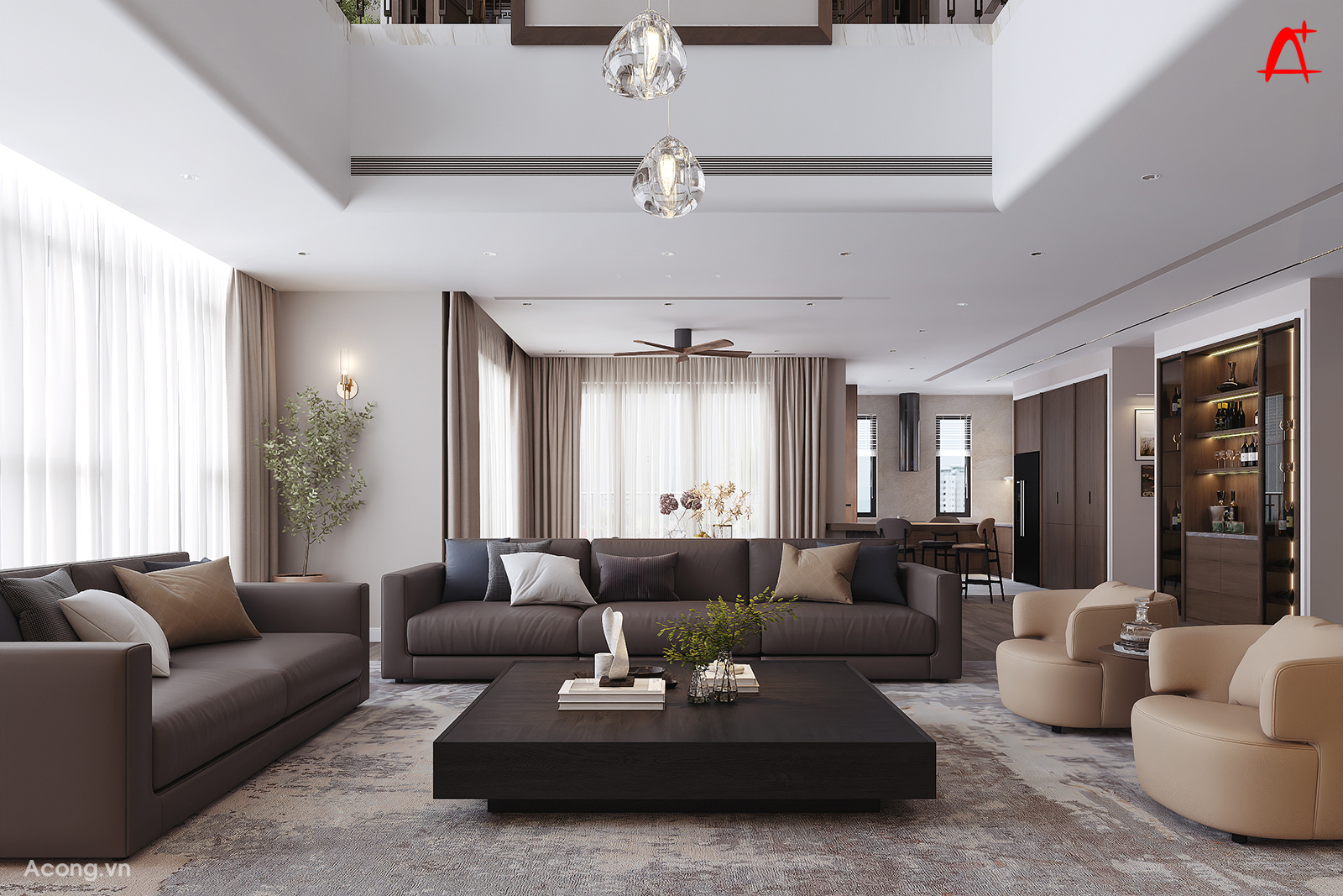 Ph&ograve;ng kh&aacute;ch li&ecirc;n th&ocirc;ng bếp v&agrave; b&agrave;n ăn trong căn hộ penthouse cao cấp