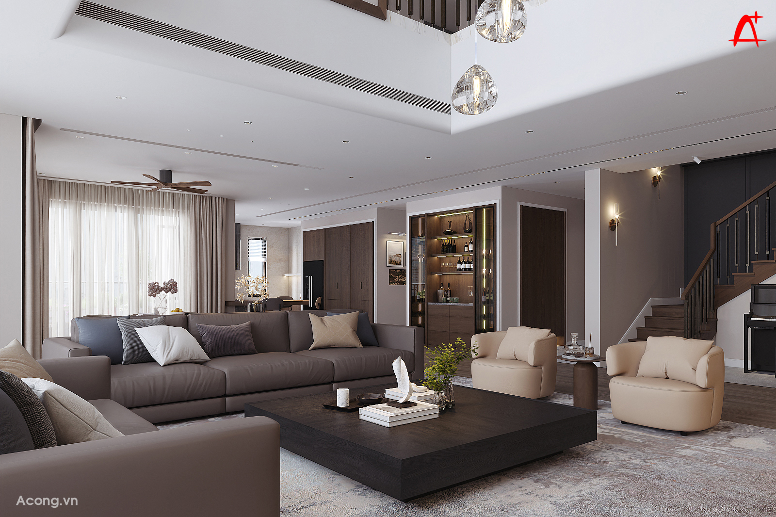 Ph&ograve;ng kh&aacute;ch li&ecirc;n th&ocirc;ng bếp v&agrave; b&agrave;n ăn trong căn hộ penthouse