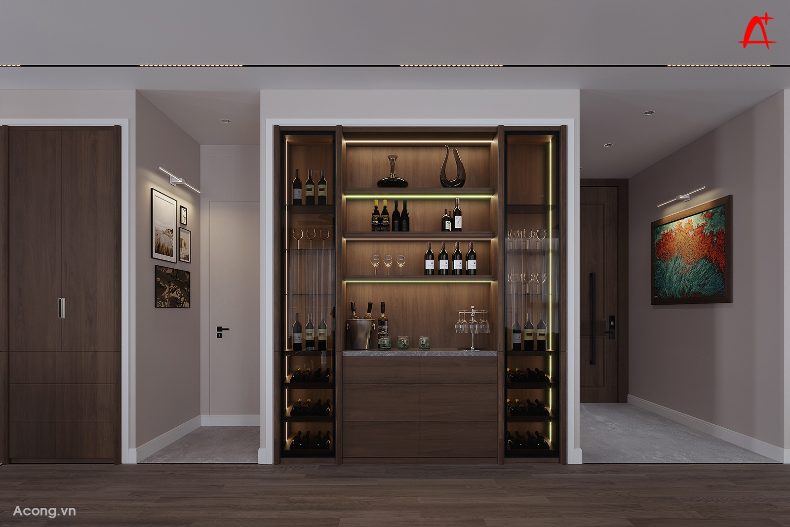 Tủ rượu &acirc;m tường kết hợp đ&egrave;n LED trong ph&ograve;ng kh&aacute;ch penthouse