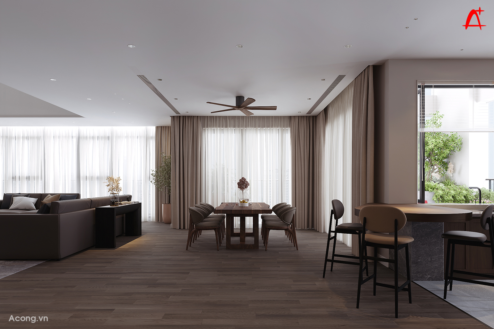 B&agrave;n ăn gỗ nguy&ecirc;n khối trong kh&ocirc;ng gian mở căn hộ penthouse