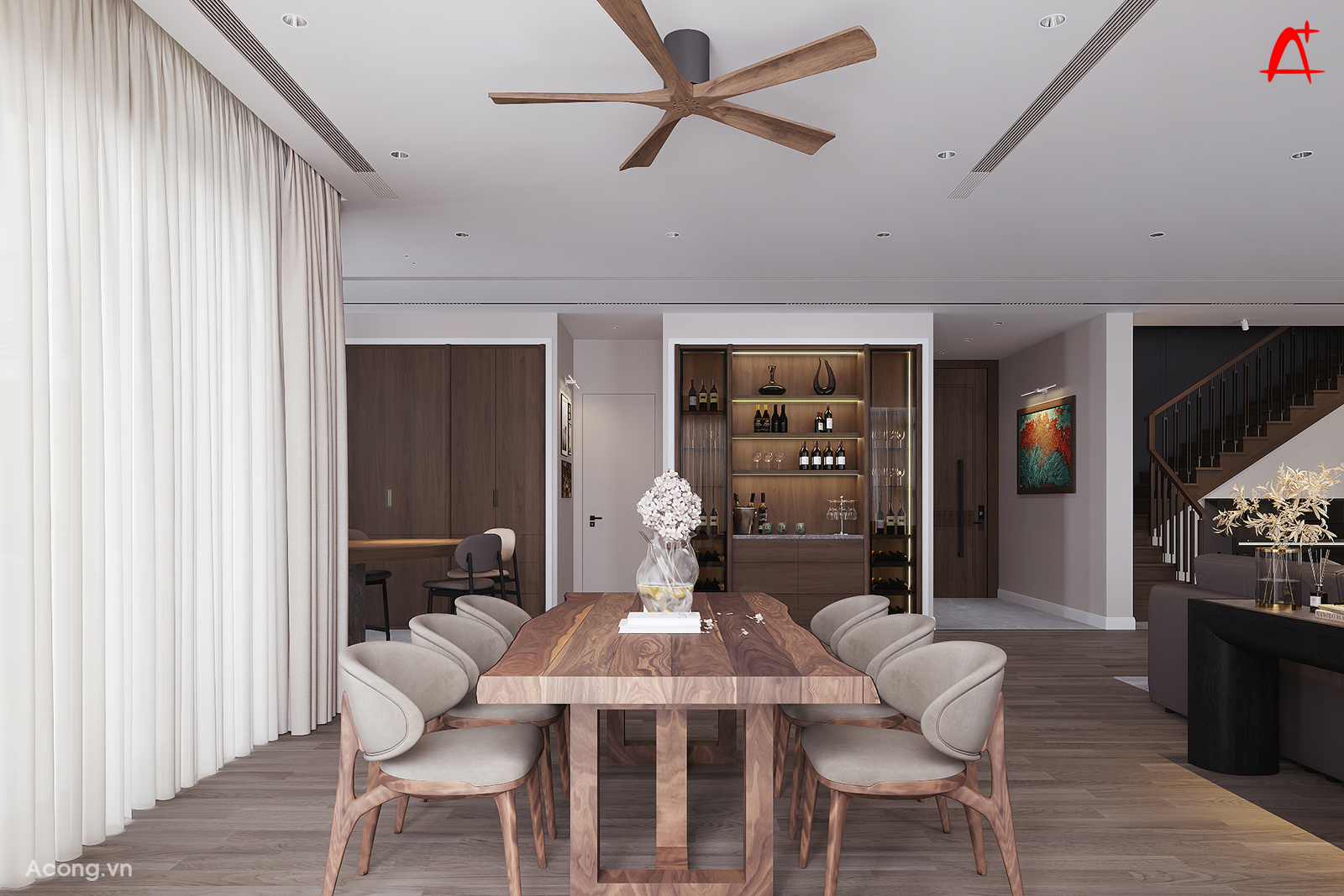 B&agrave;n ăn gỗ nguy&ecirc;n khối trong kh&ocirc;ng gian mở căn hộ penthouse