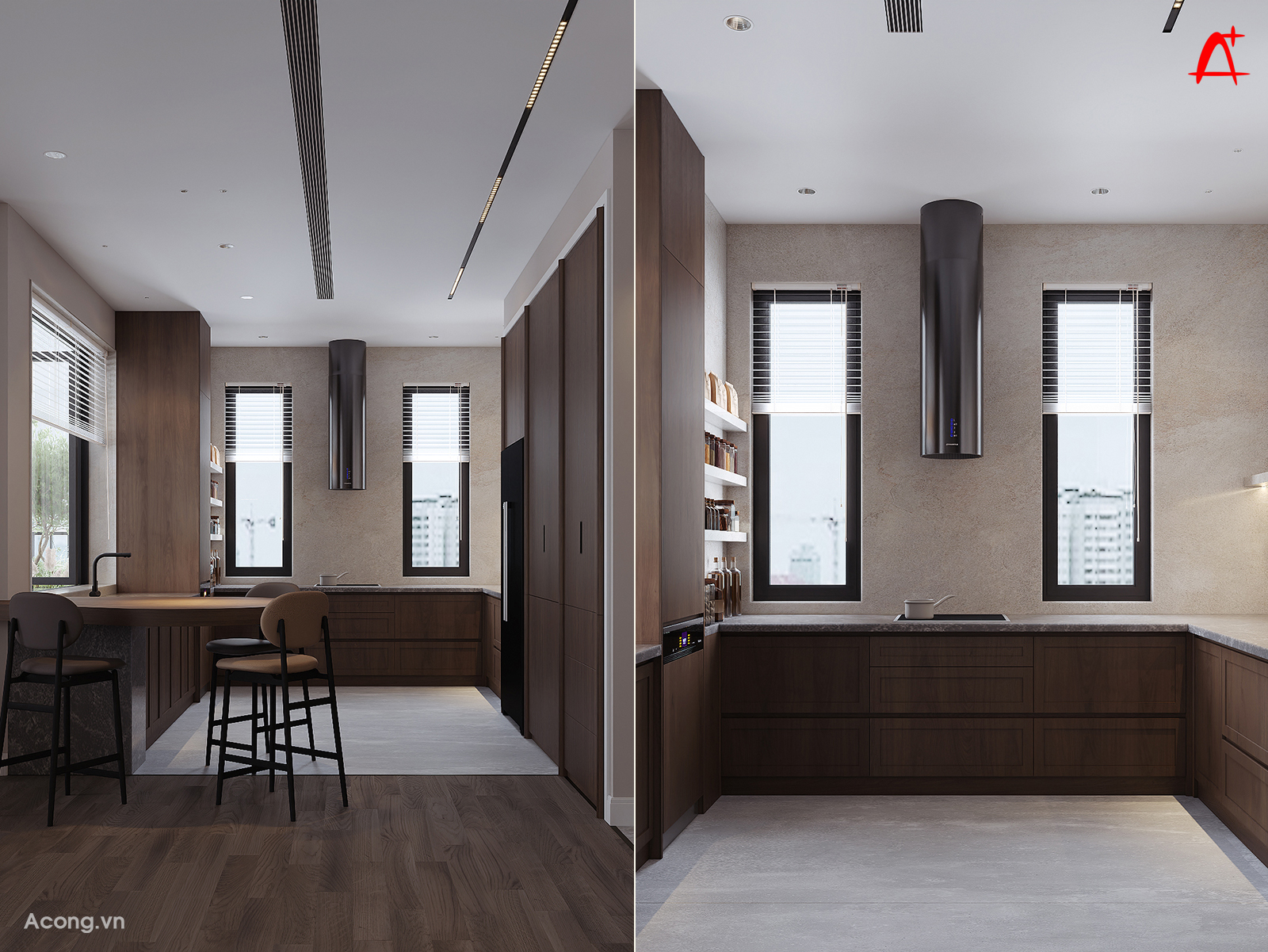 Khu bếp penthouse với b&agrave;n bar cạnh cửa sổ v&agrave; &aacute;nh s&aacute;ng tự nhi&ecirc;n