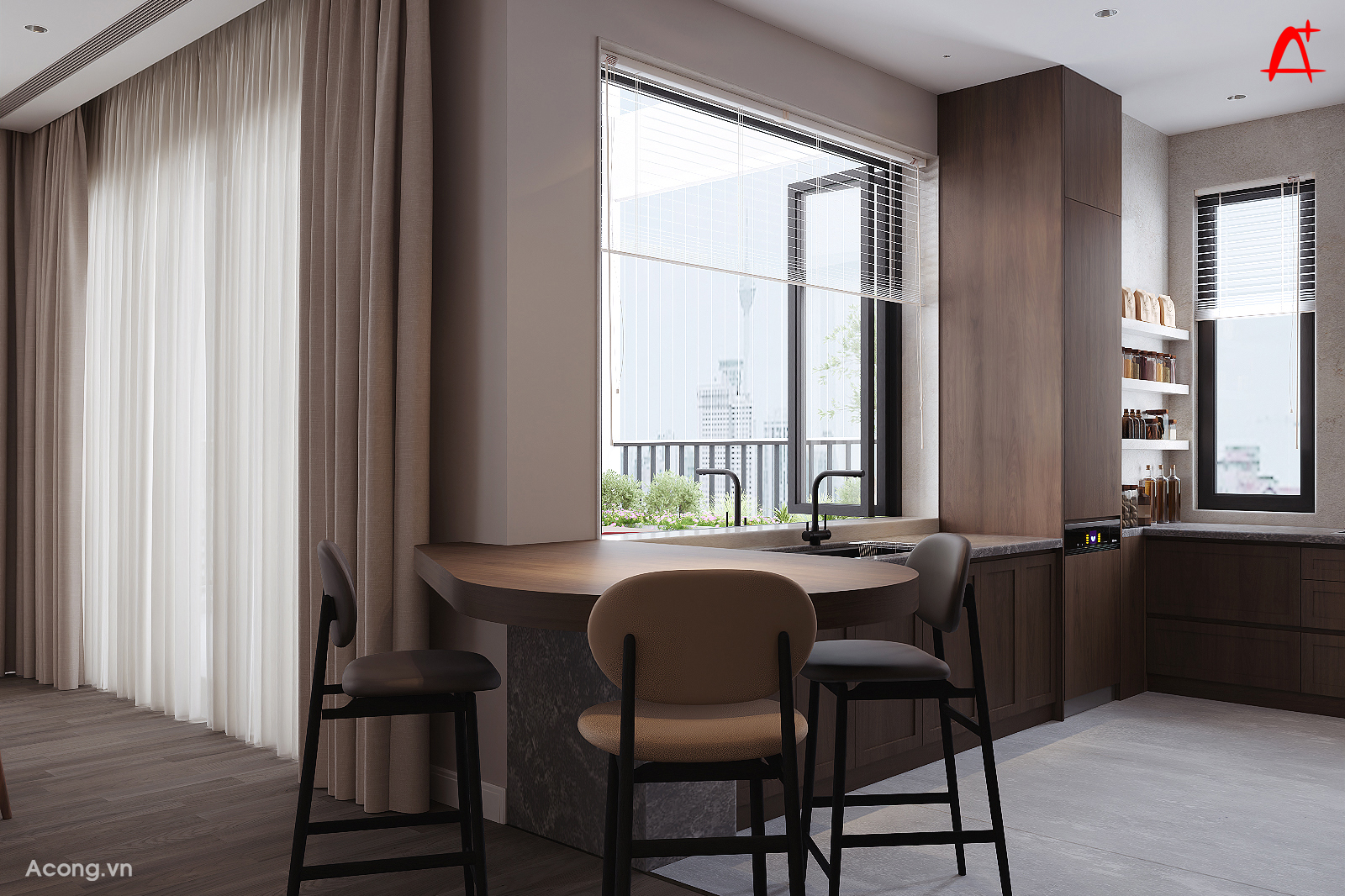 Khu bếp penthouse với b&agrave;n bar cạnh cửa sổ v&agrave; &aacute;nh s&aacute;ng tự nhi&ecirc;n