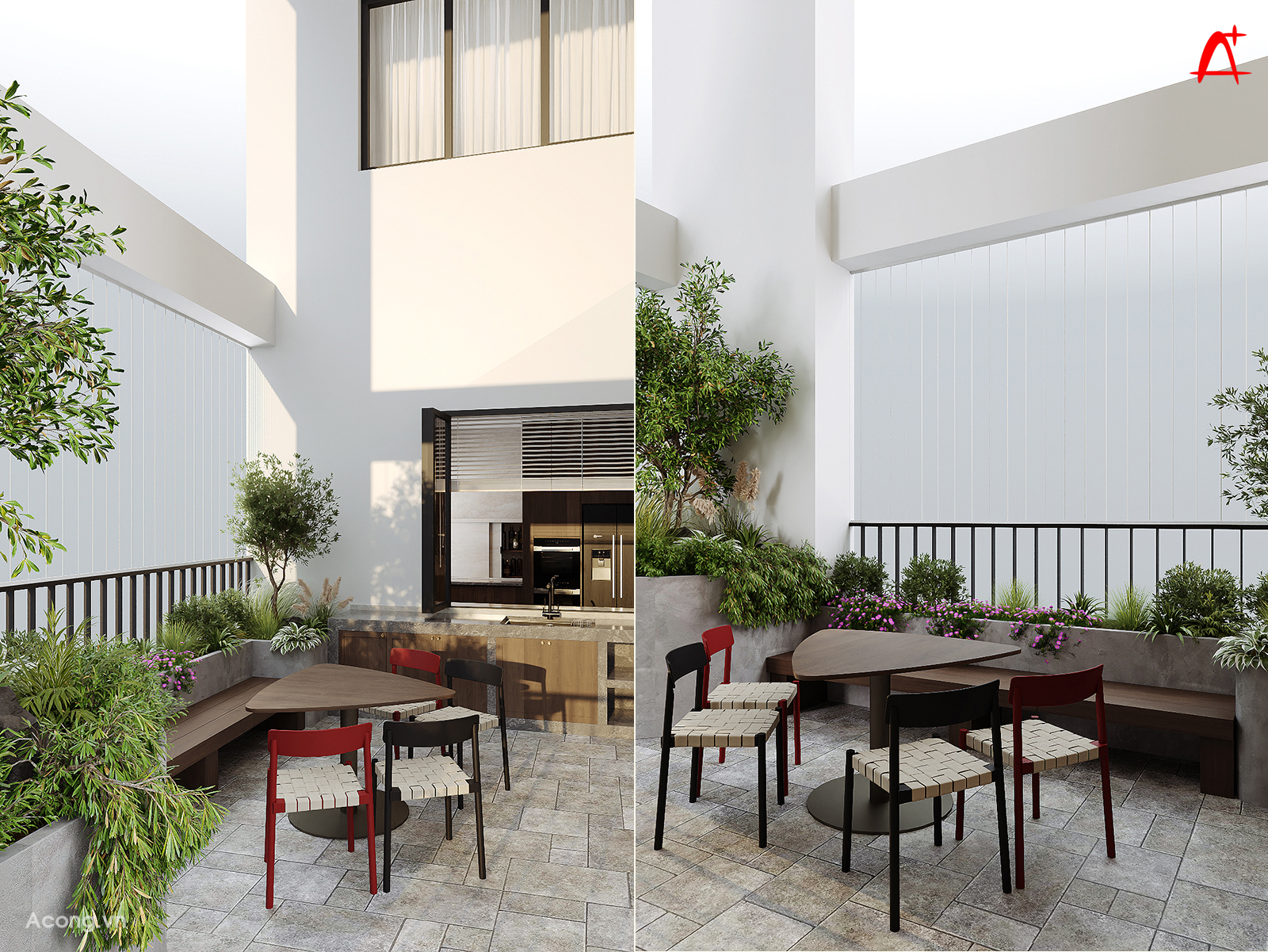 Khu s&acirc;n vườn ngo&agrave;i trời trong căn hộ penthouse với b&agrave;n tr&agrave; thư gi&atilde;n