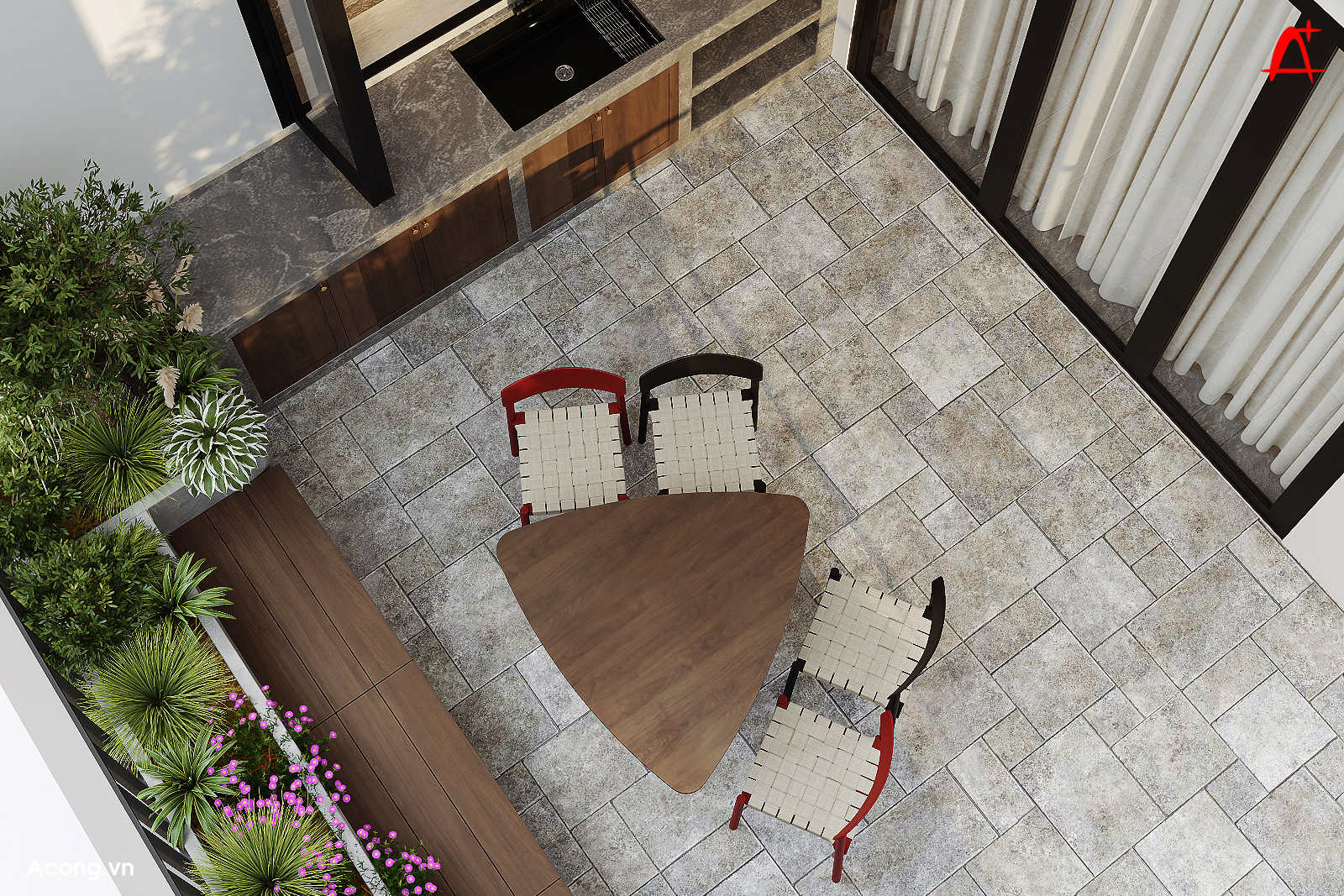 Kh&ocirc;ng gian ngo&agrave;i trời kết hợp bếp phụ trong penthouse hiện đại