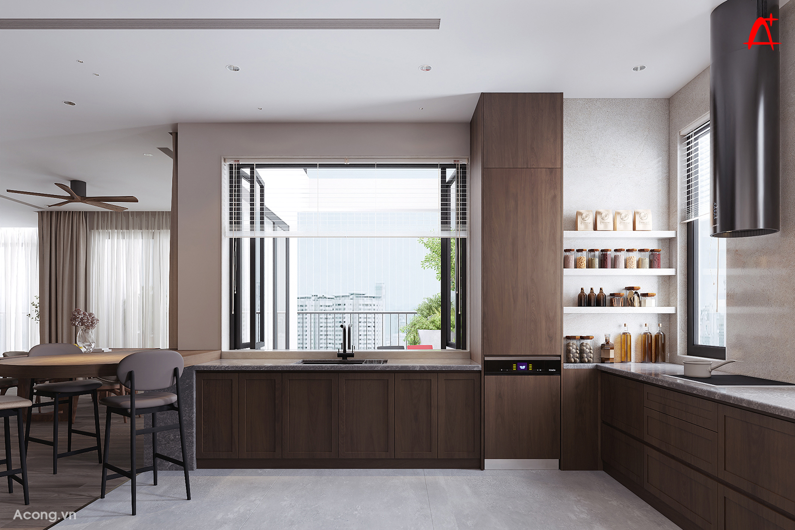 Khu bếp penthouse với b&agrave;n bar cạnh cửa sổ