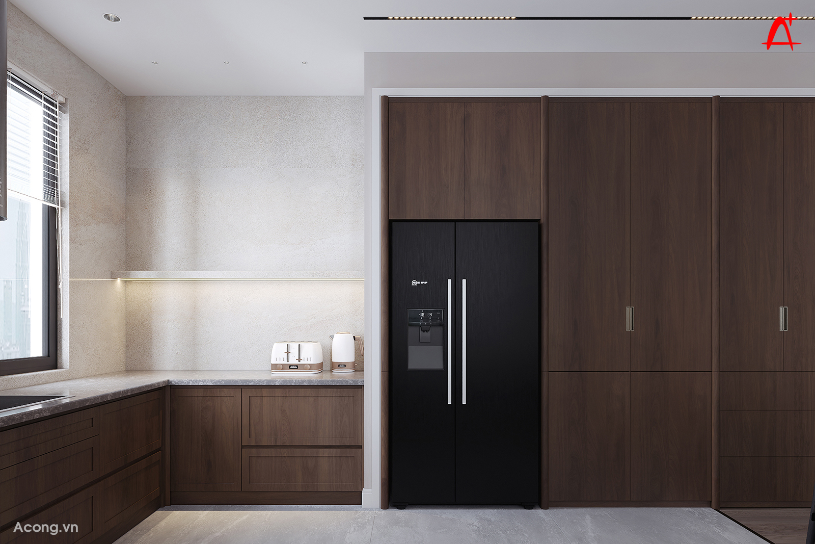 Thiết kế bếp chữ U với tủ gỗ v&agrave; cửa sổ lớn trong căn hộ penthouse