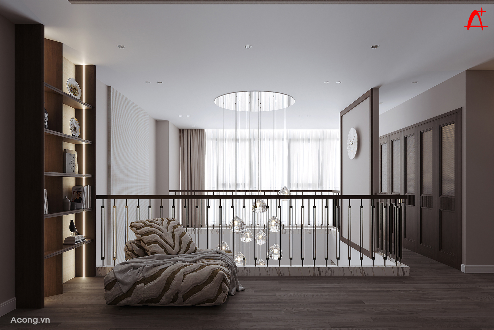 Kh&ocirc;ng gian th&ocirc;ng tầng nh&igrave;n xuống ph&ograve;ng kh&aacute;ch trong căn hộ penthouse