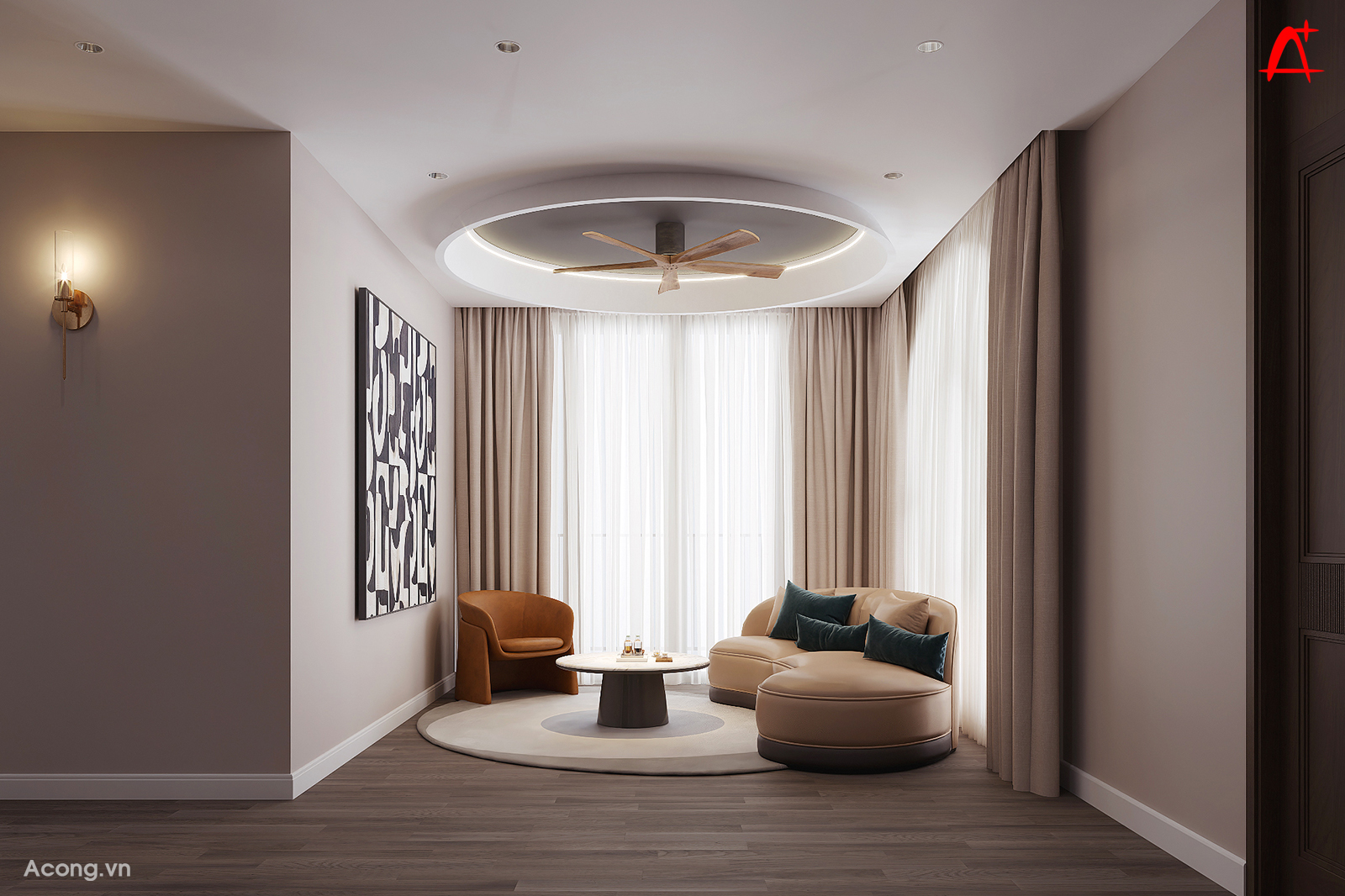 Khu sinh hoạt chung tầng 2 với sofa v&agrave; &aacute;nh s&aacute;ng dịu nhẹ