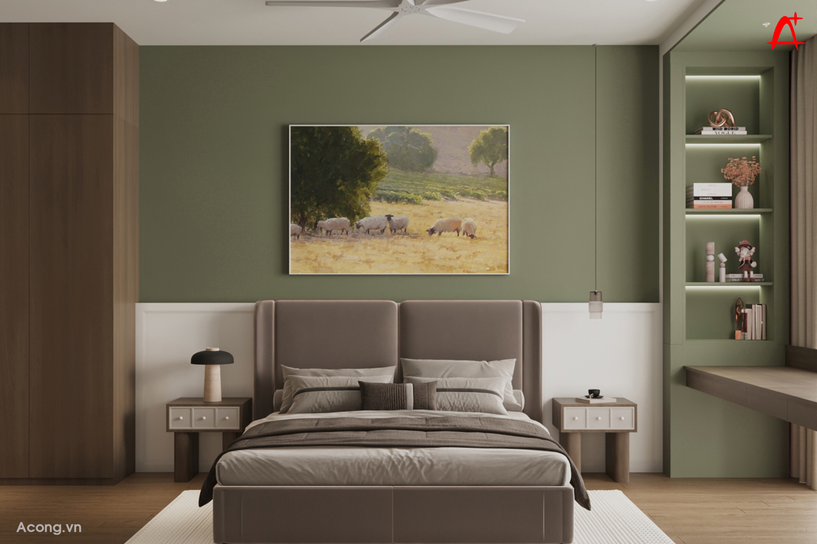 Ph&ograve;ng ngủ hiện đại với b&agrave;n l&agrave;m việc cạnh cửa sổ trong penthouse