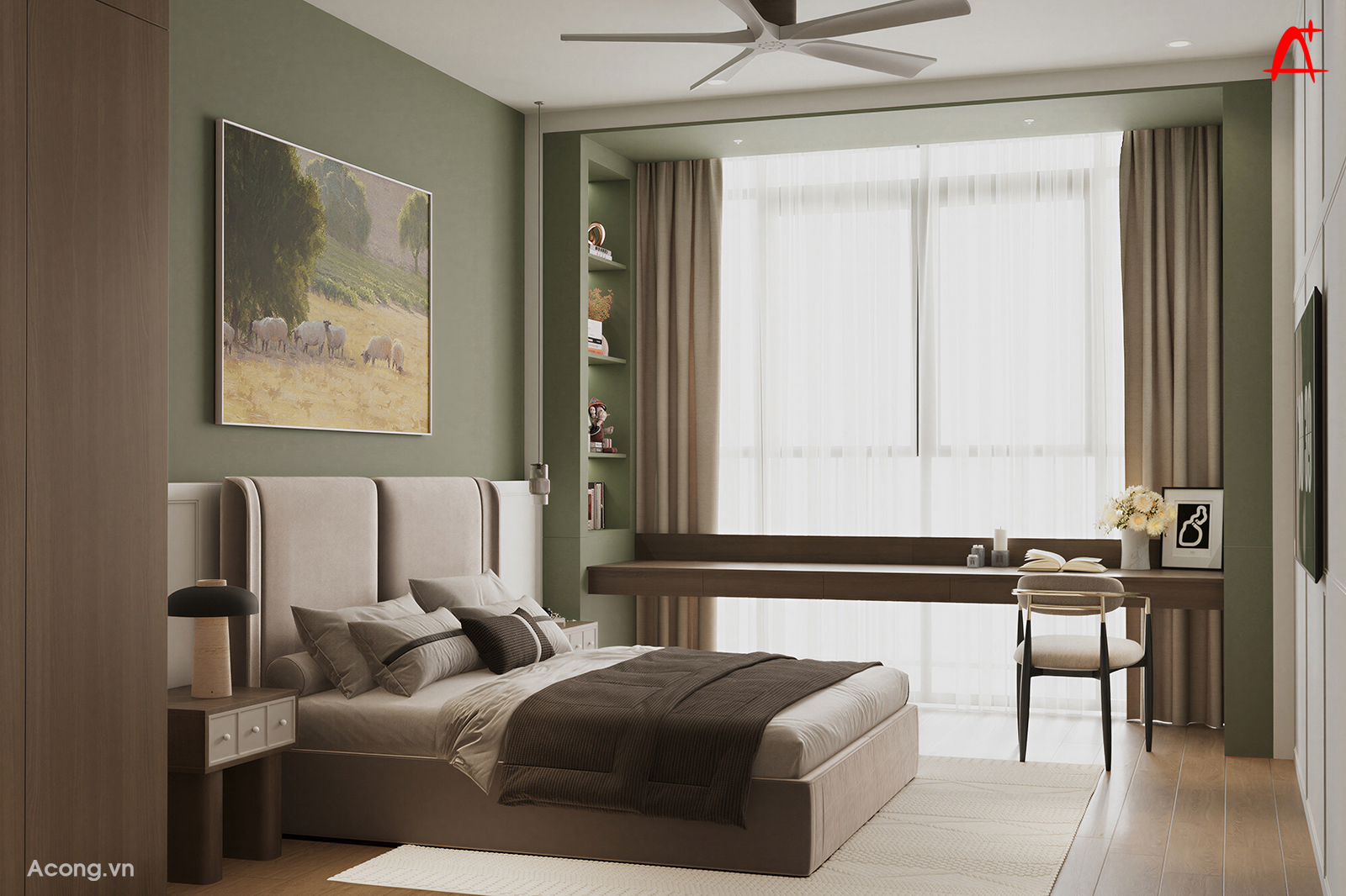 Ph&ograve;ng ngủ hiện đại với b&agrave;n l&agrave;m việc cạnh cửa sổ trong penthouse