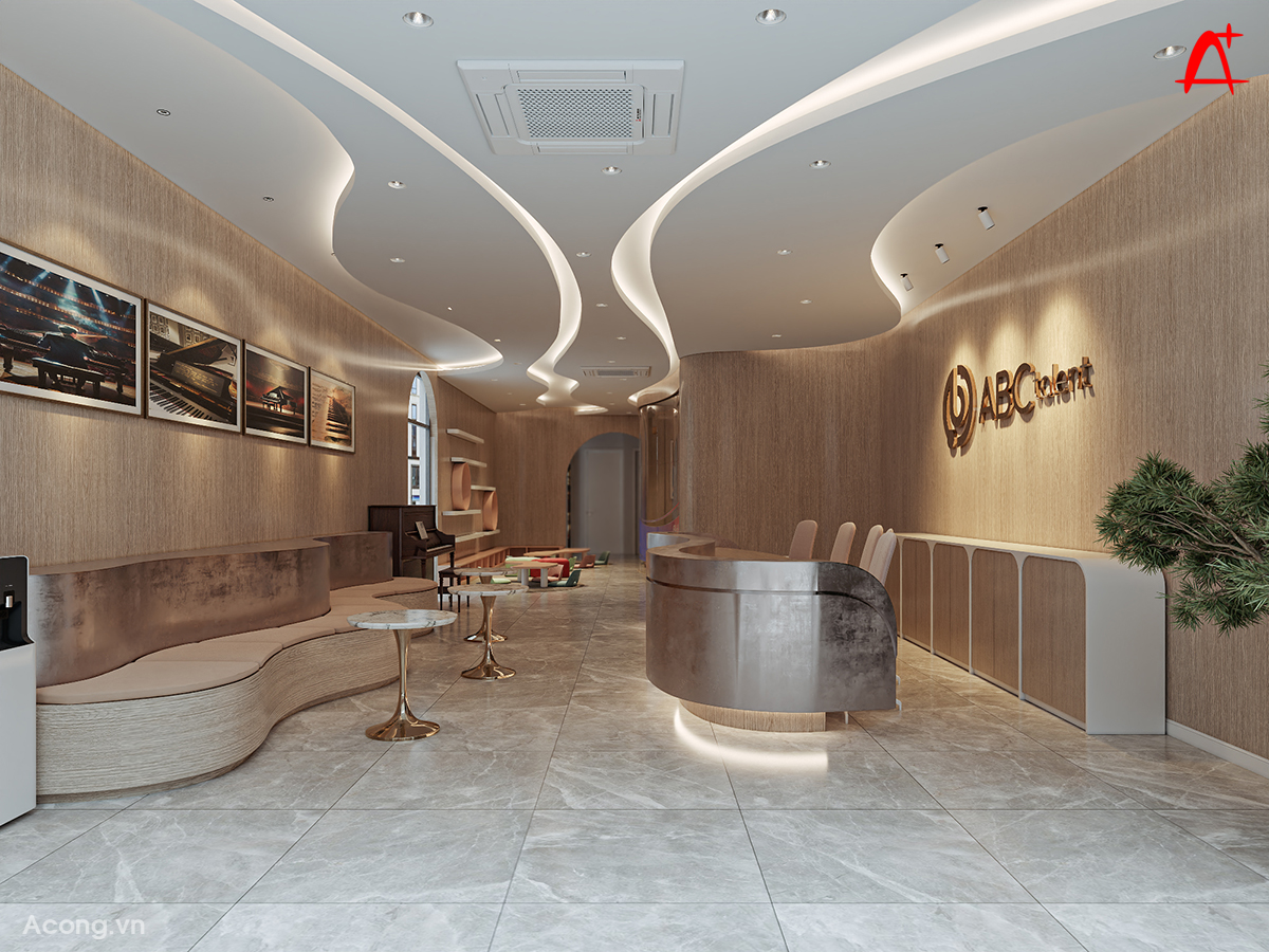 Kh&ocirc;ng gian lễ t&acirc;n trung t&acirc;m nghệ thuật ABC Talent với quầy cong v&agrave; &aacute;nh s&aacute;ng ấm