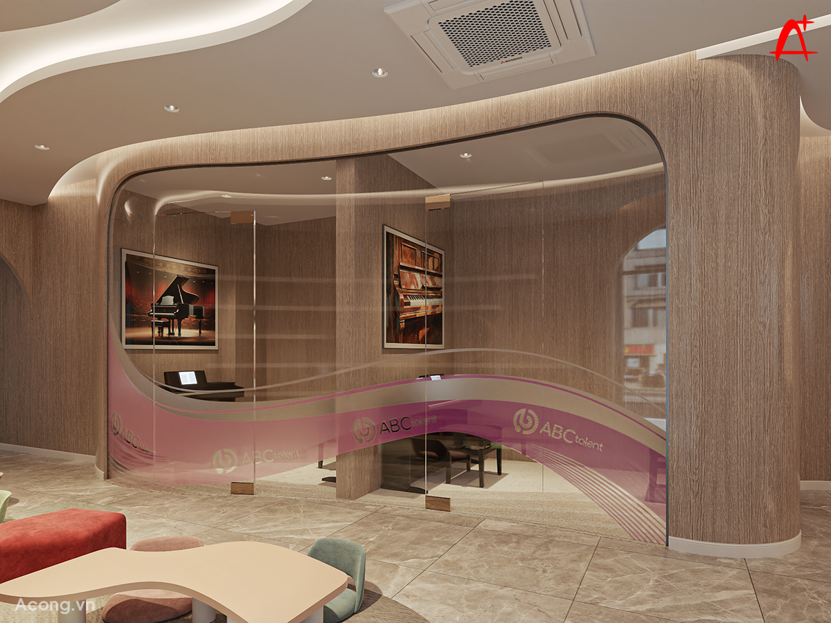 V&aacute;ch k&iacute;nh ph&ograve;ng học đ&agrave;n với họa tiết nhận diện thương hiệu ABC Talent