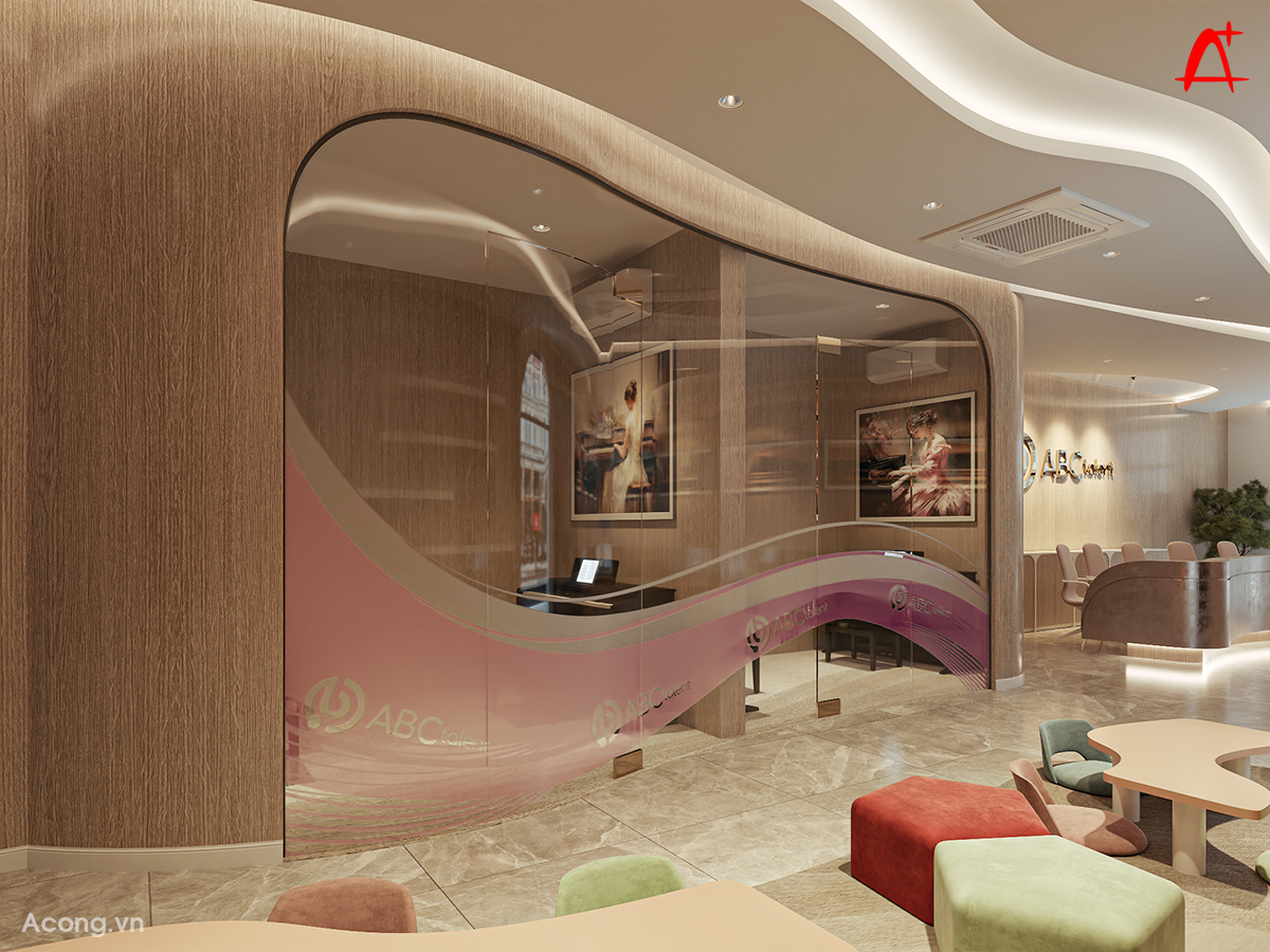 V&aacute;ch k&iacute;nh ph&ograve;ng học đ&agrave;n với họa tiết nhận diện thương hiệu ABC Talent