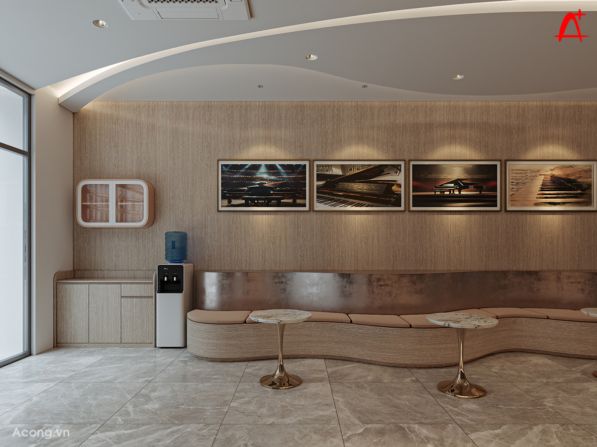 Khu vực chờ kết hợp ghế ngồi uốn cong v&agrave; tranh treo tường chủ đề &acirc;m nhạc