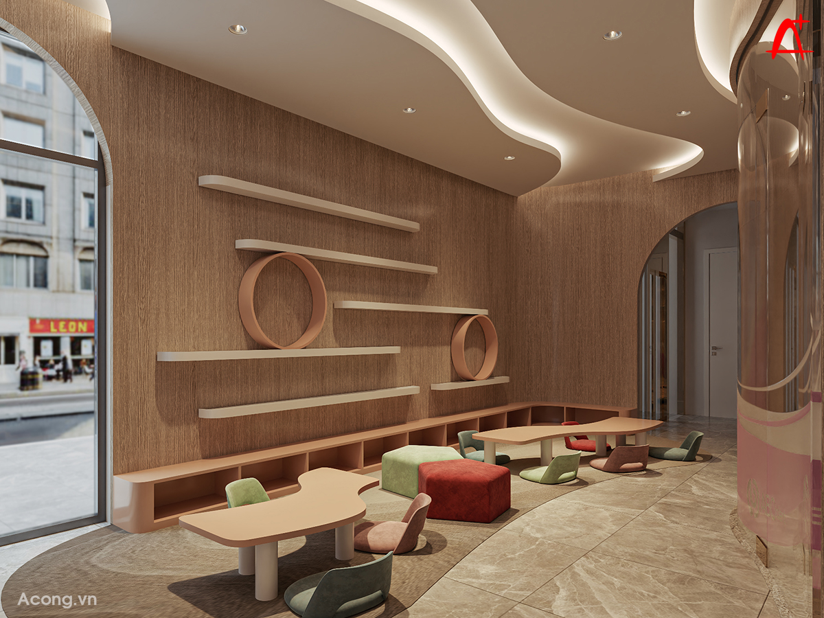 Khu vui chơi trẻ em trong trung t&acirc;m nghệ thuật với nội thất bo tr&ograve;n an to&agrave;n