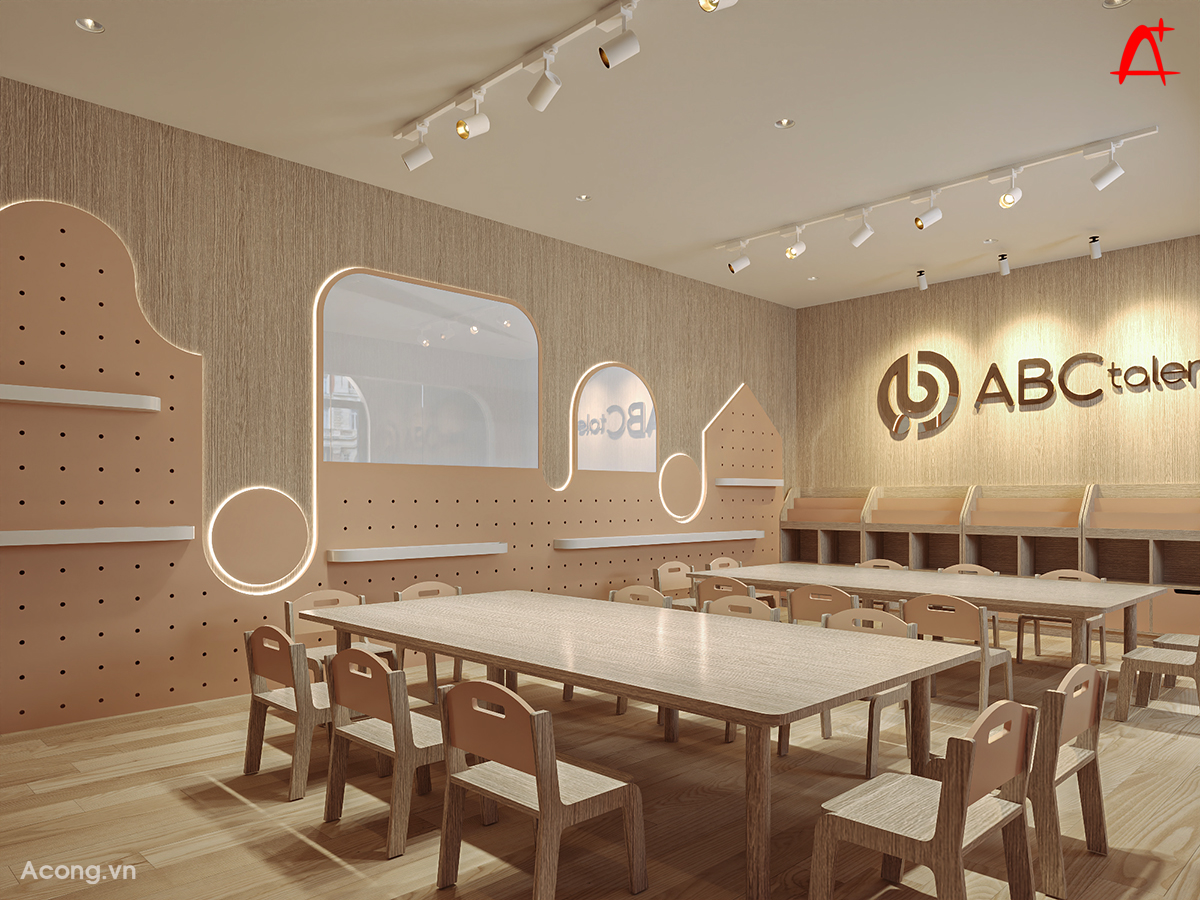 Nội thất Ph&ograve;ng học vẽ cho trẻ em với b&agrave;n ghế thấp v&agrave; thiết kế th&acirc;n thiện