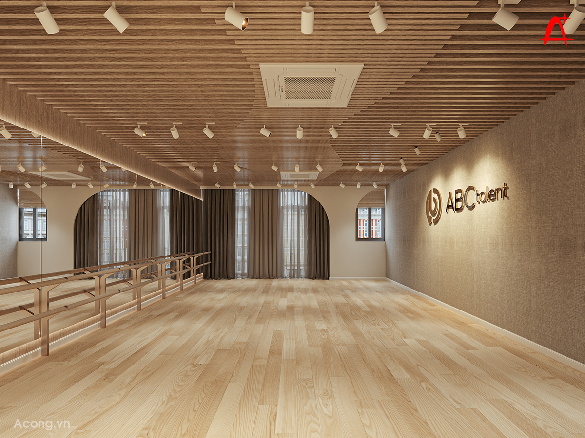 Ph&ograve;ng nhảy rộng với s&agrave;n gỗ, gương lớn v&agrave; thanh barre