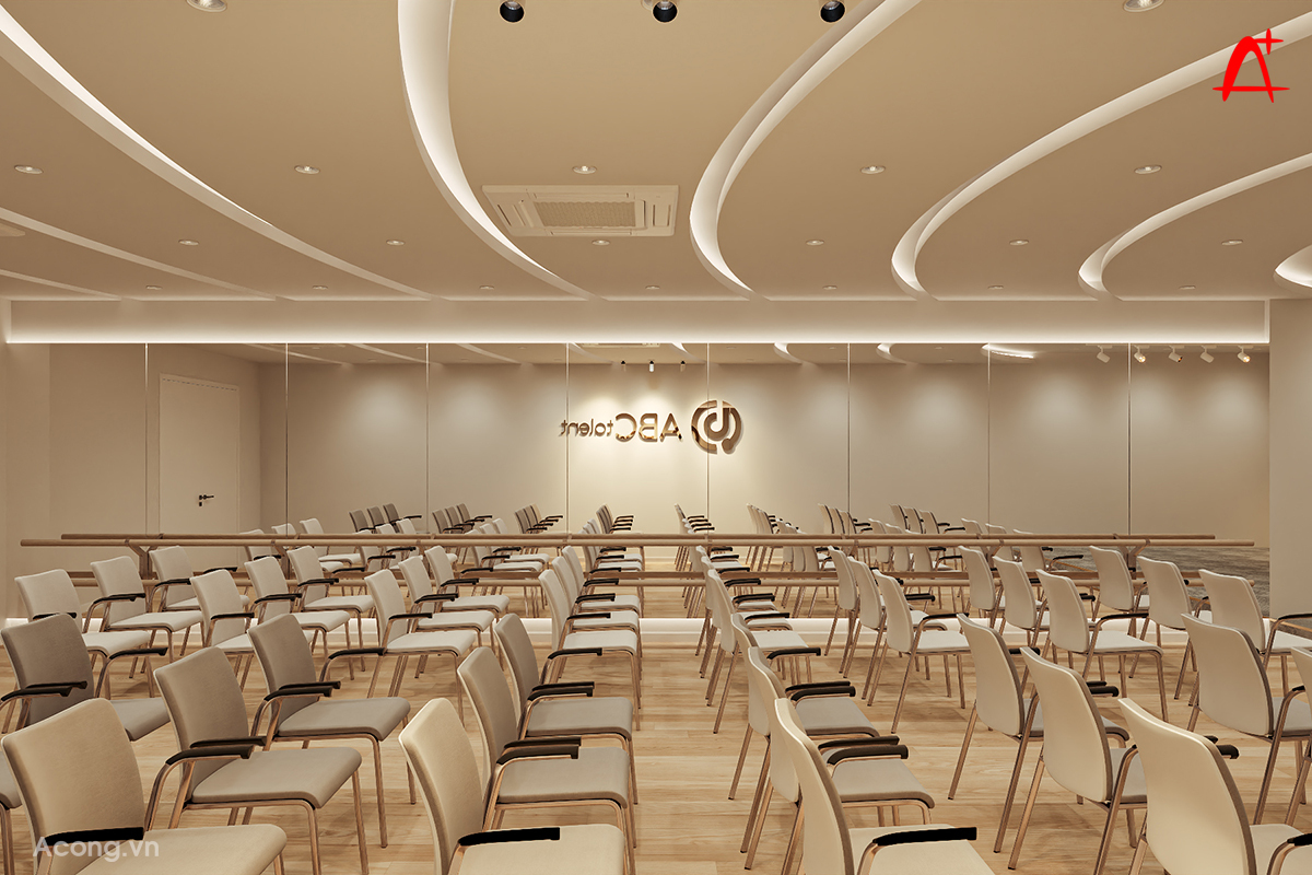Kh&ocirc;ng gian hội trường với trần cong v&agrave; &aacute;nh s&aacute;ng gi&aacute;n tiếp